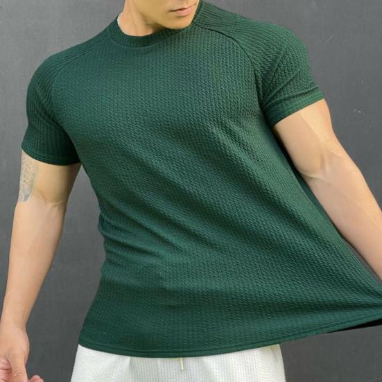 Men Summer Top with 3D Texture Round Neck Short Sleeves Loose Solid Color Muscular Men Sport T-shirt Daily Exercise Shirt