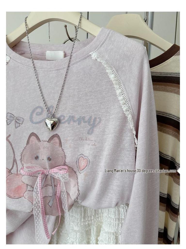 Plus Size Cherry Cat Cotton T-shirt with 3D Butterfly Design