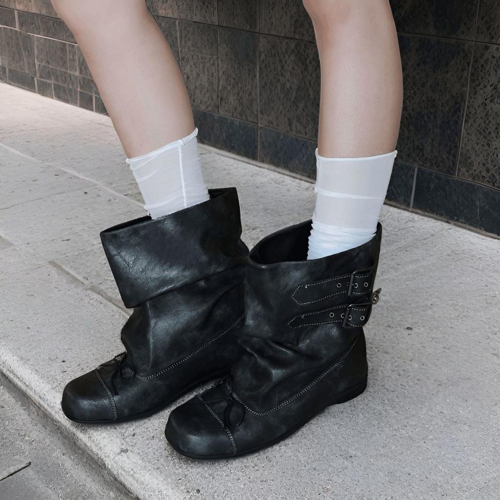 Square head bow pleated piled boots women's fashion western cowboy boots ballet short boots retro old Martin boots