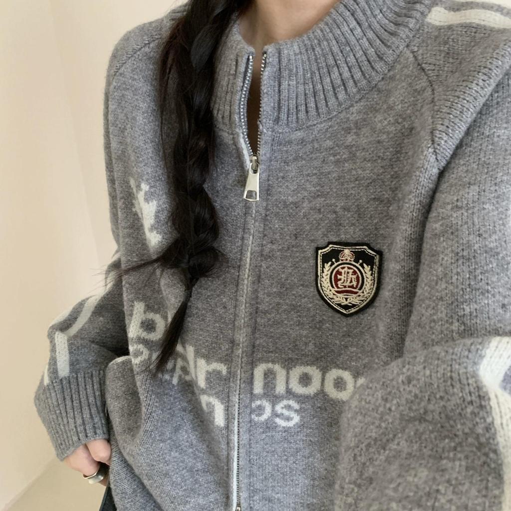 Letter Decorated Ladies Sweaters Baseball Style Loose Double Zipper Cardigan Autumn Versatile Solid Color Women's Coats