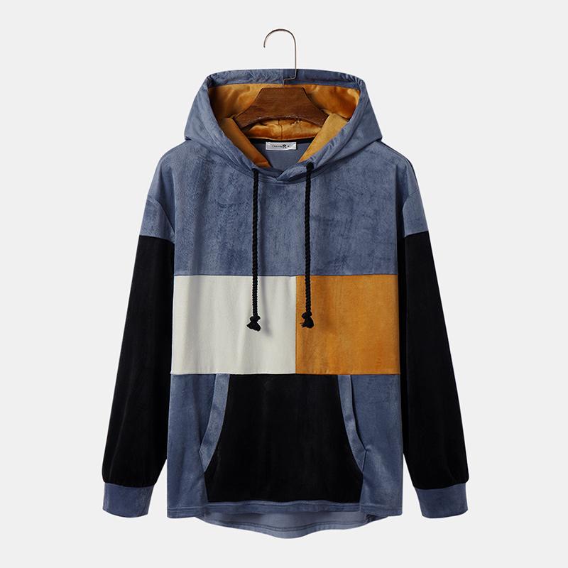 ChArmkpR Men Patchwork Fleece Drawstring Sweatshirts Hooded Pullovers