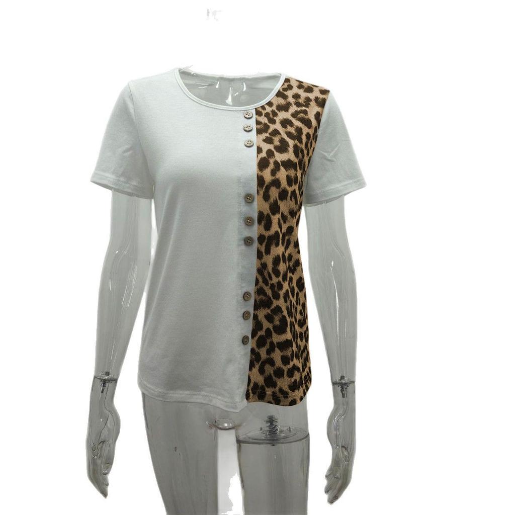 Leopard Print Round Neck Top: Elegant Short Sleeve T-shirt for Women, Casual Spring and Autumn Style 2025