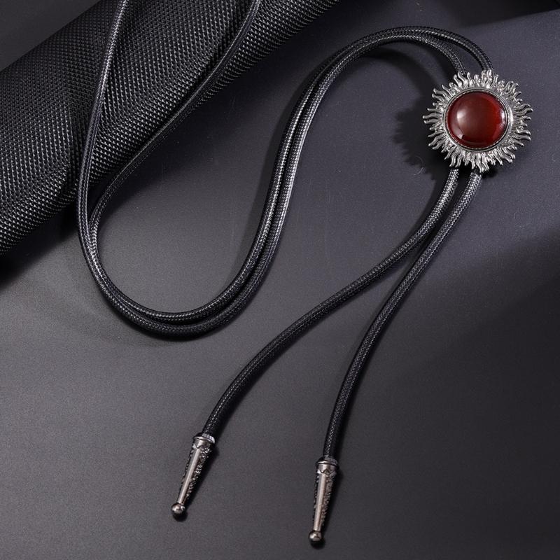 Vintage Sun Shape Gem Stone Bolo Tie Cowboy Costume Accessory for Men and Women Western Braided Cord Necktie Necklace