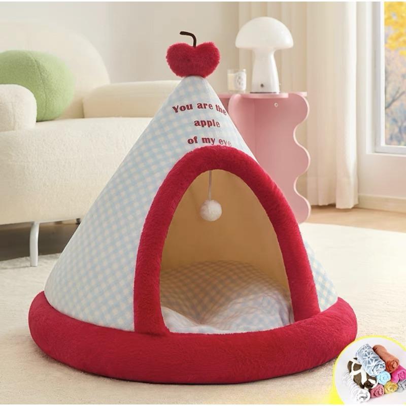 

Зимнее теплое гнездо для кошки, подушка для кошачьей комнаты, толстый полузакрытый домик для кошки, кошачья вилла, палатка для домашних животных, будка для щенков, маленькая кровать для домашних животных Warm apple tent + blanket