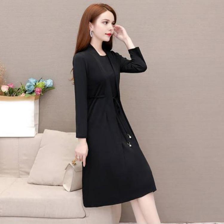 Elegant Plus Size Lady Dress Formal Office Commuting Midi Dress Long Sleeve A-line Lace-up Strap Fake Two-piece Style