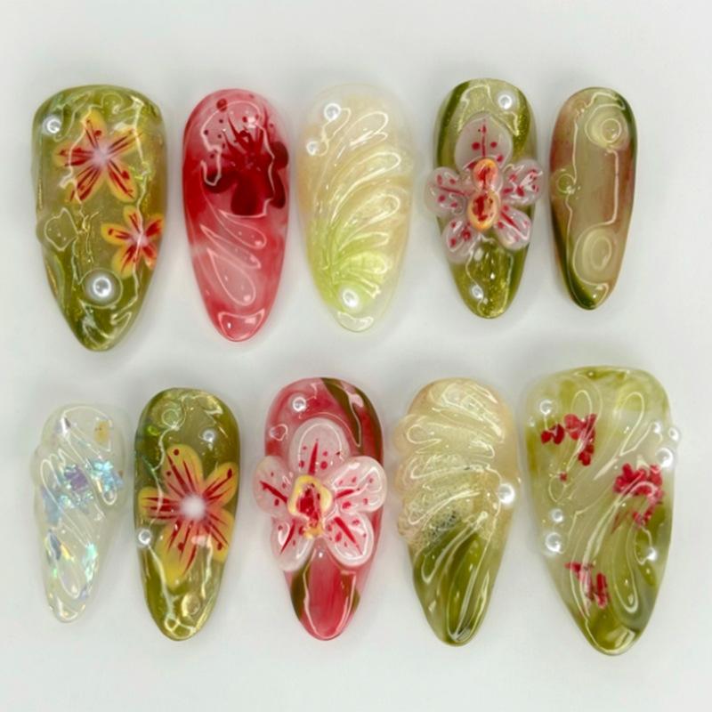 24Pcs Gold Pink Flower Press On Nails Almond Shape Glossy Fake Nails With Pearl Decor Autumn Ballet False Nail Tips