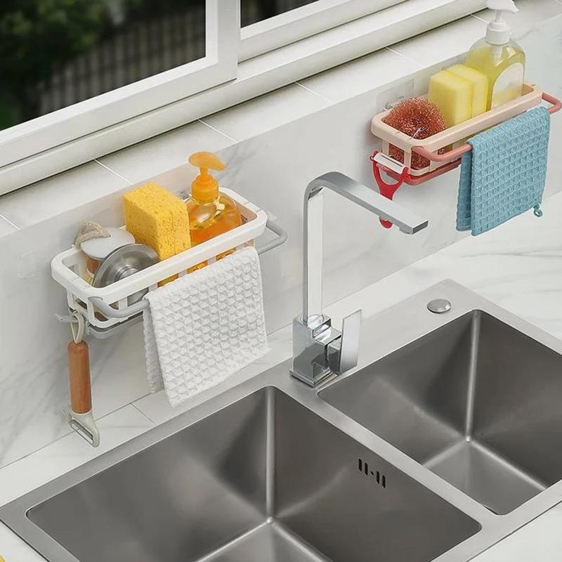 1Pcs Sponge Holder Kitchen Organizer Dish Drainer Soap Rack Sink Tray Dishcloth Towel Rack Wall Mounted Storage Basket Shelf
