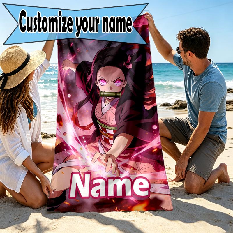 Custom Name Personalized Demon Slayer Print Beach Towel, for Trip Camping Beach Party Home Decor, Birthday Gift for Family & Friends