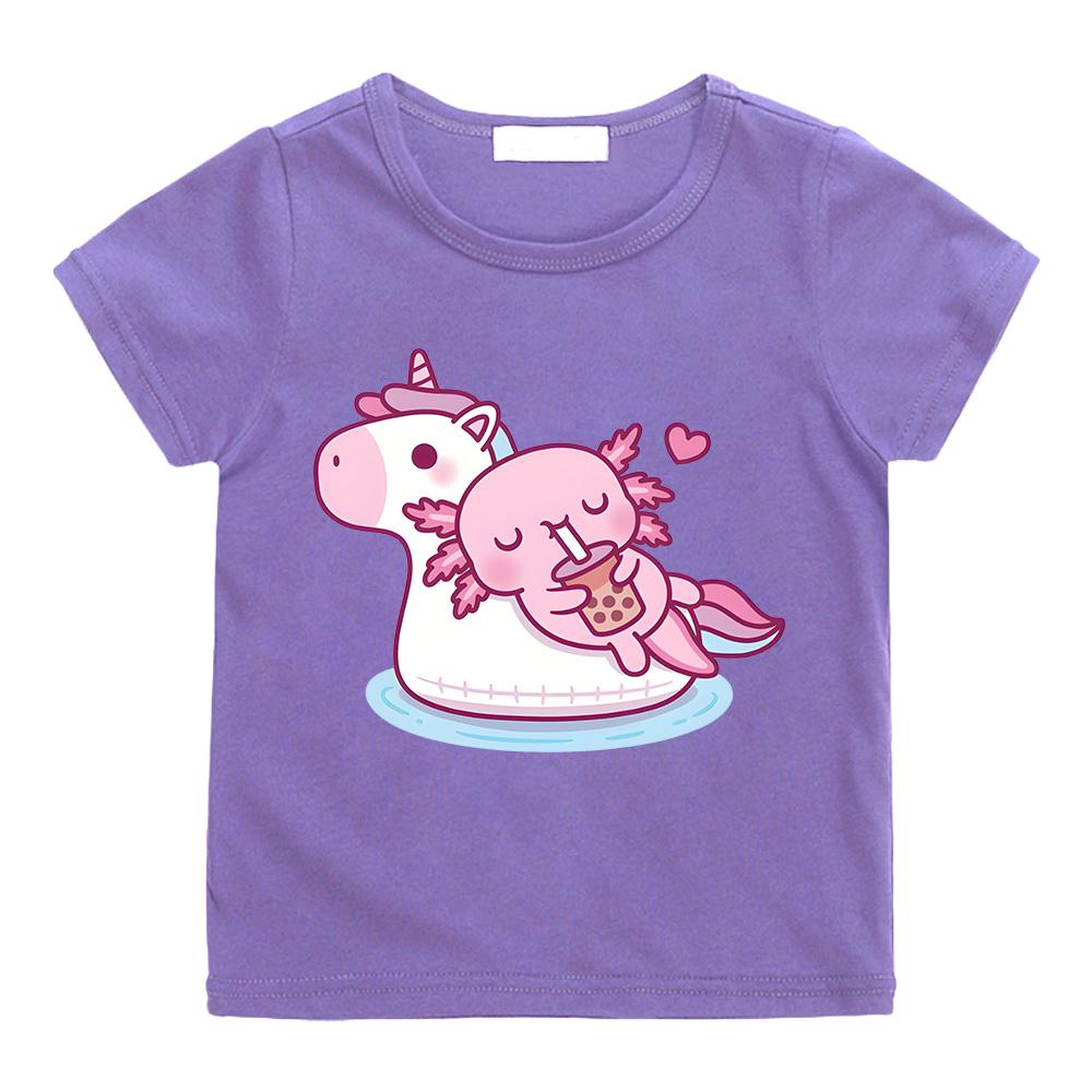 Axolotl Bubble Tea On Unicorn Tshirts Kawaii Anime Print Tops Cute Girl Cotton T-shirts Summer New Versatile Short Sleeve Tees