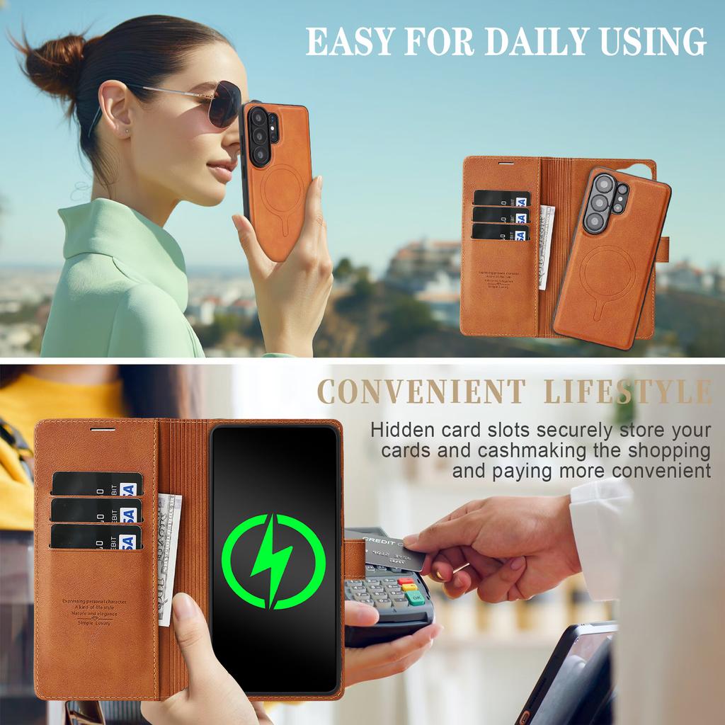 2 In 1 Detachable Card Solt Magnetic Wallet Leather Case For Samsung S26 Ultra S25 Plus S24 S23 Flip Business Wireless Charging