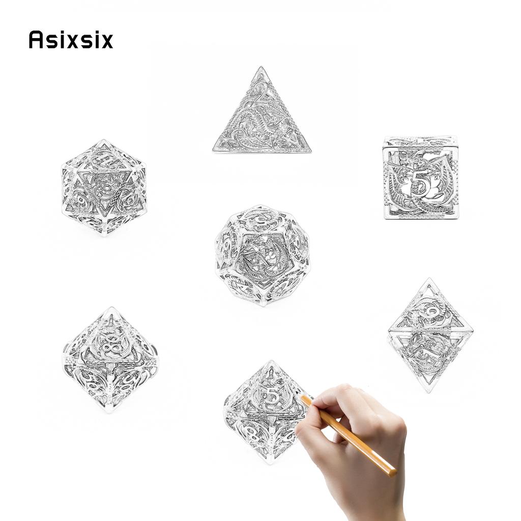 7 Pcs Silver Colorful Dragon Metal Dice Hollow Metal Polyhedral Dice Set Suitable For Role-Playing Game