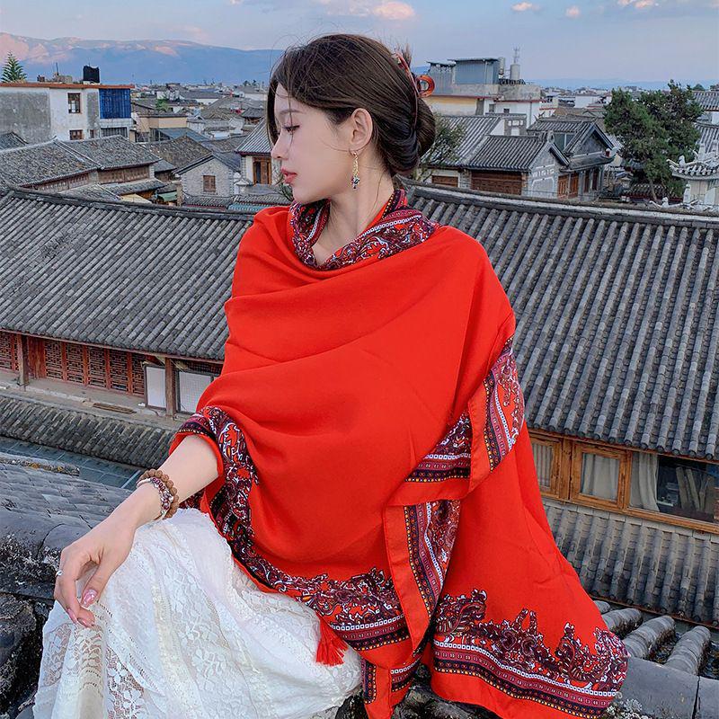 

Этническая шаль в корейском стиле: Туристический шарф Цинхай для весны и лета - Хлопково-льняная накидка от солнца и для защиты от солнца для женщин. 180cm x 90cm