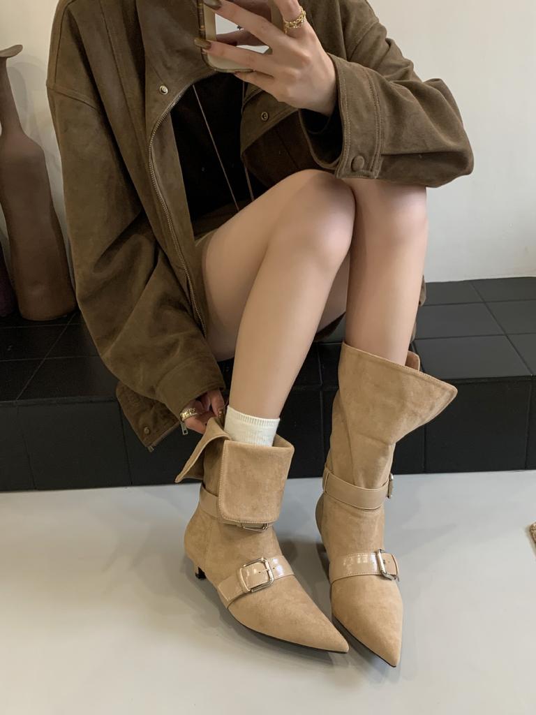 2025 Women's Suede Short Boots Fashion Button Boots Women's New Versatile West and Pointed Western Boots