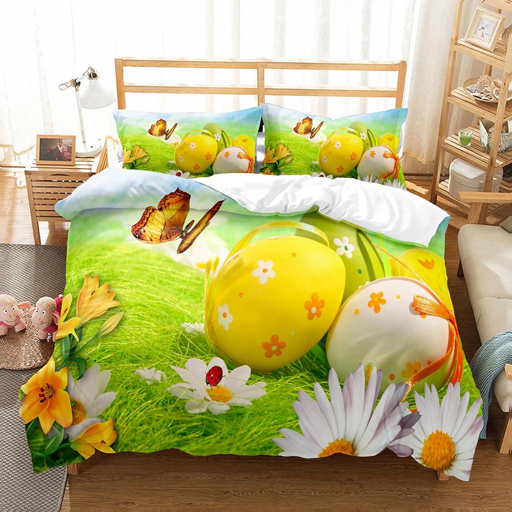 Happy Easter Duvet Eggs Rabbit Pattern Polyester Comforter Cover Festival Gifts for Kids Boys Girls Bedding Set with Pillowcase