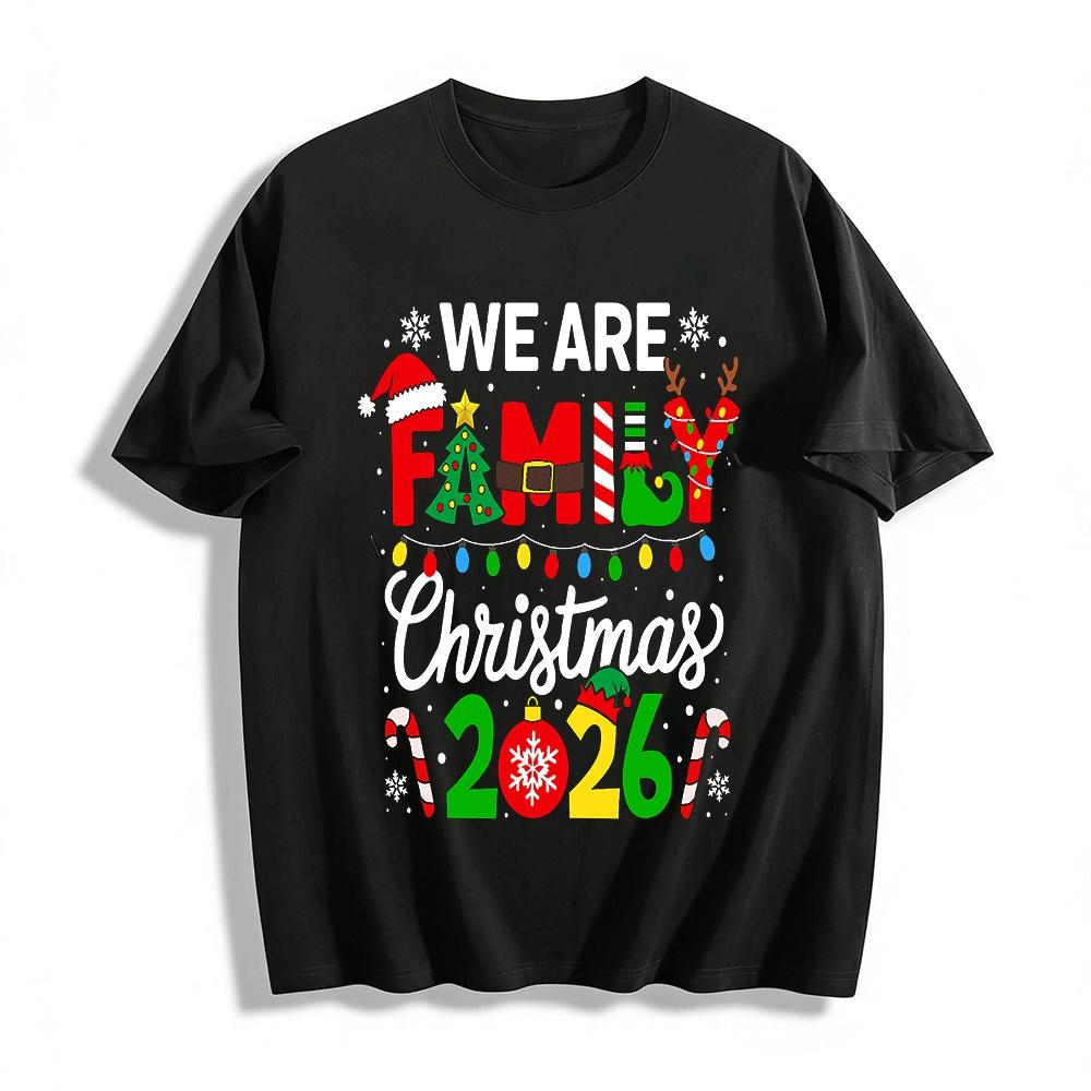 2026 Christmas We Are Family Themed Printed Holiday Tops Pure cotton T-shirt XXS
