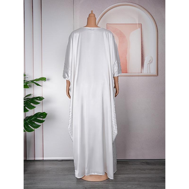 Plus Size Adjustable Belt Dresses Women's Drill Silk Satin Bat Sleeve Long Dress