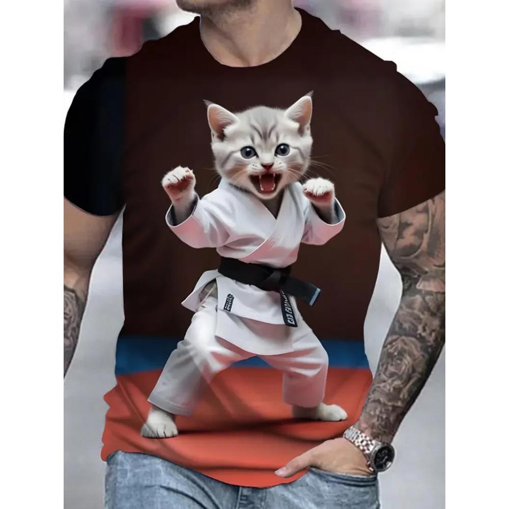 Summer Round Neck 3D Print Funny Cat Pattern Top Fashionable Casual Short Sleeved Men's T-shirts