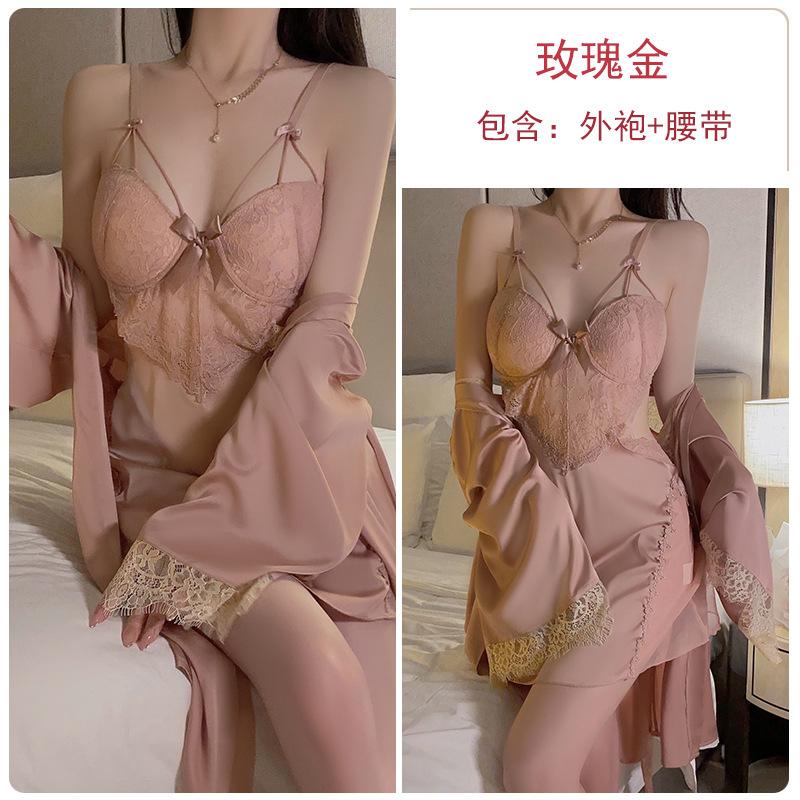 Satin Lace Butterfly Decoration Plus Chest Pad Steel Ring Gathering Sexy Backless Nightdress Robe Set