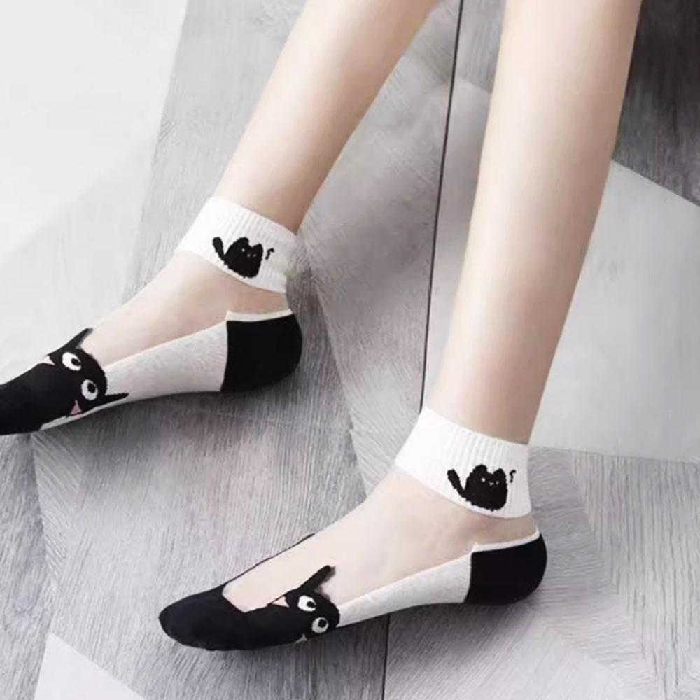 5 pares de meias femininas sensuais, meias de renda fofas de gato, meias de nylon anime Y2K para meninas, pretas, respiráveis, conjuntos de meias femininas