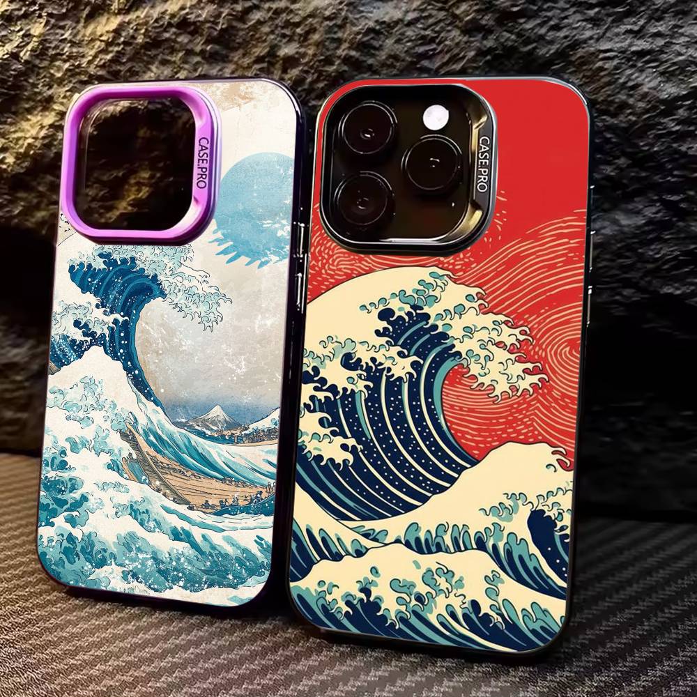Japanese Ukiyo-e Ocean Waves Phone Case For iPhone17,16,15,14,13,12,11 Plus,Pro Max Colored Silver Plated Inside Cover
