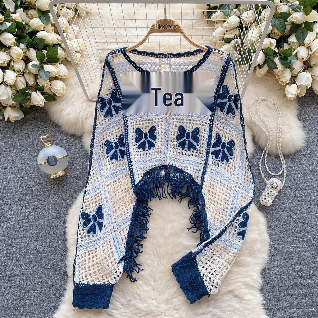 Spring & Autumn Crocheted Tassel Cardigan - Women's Long Sleeve Knit with Hollow Design