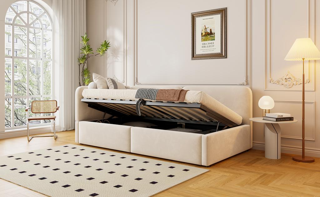 Letto imbottito 90x200 divano letto, velluto, contenitore idraulico, testiera alta, schienale intercambiabile, adatto per bambini e adulti, beige