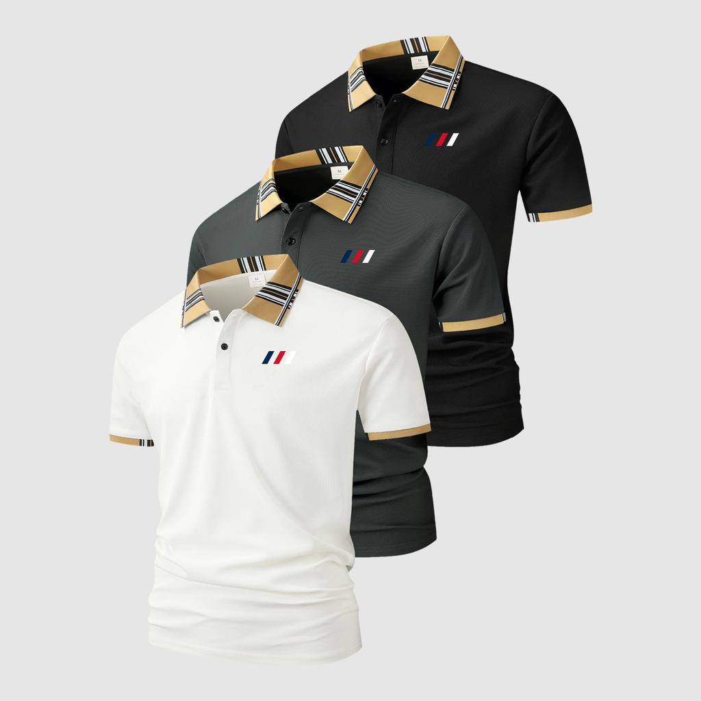 Sportliches 3-teiliges Set für Herren - Kurzarm-Polohemd mit karierten Bündchen und Kragen, zweiknöpfiges Revers, feuchtigkeitsableitend, perfekt für den täglichen Freizeitlook