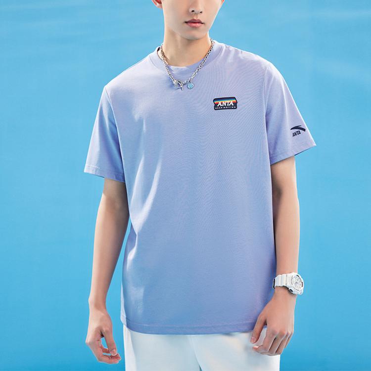 Anta Solid Color Round Neck Pullover Short Sleeve T-Shirt Unisex Tops Light-Water-Purple 152328107-2