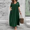 Women's V Neck Short Sleeve Textured Wrinkle Effect Loose Fit Dress with Pockets Casual Comfortable Midi Length