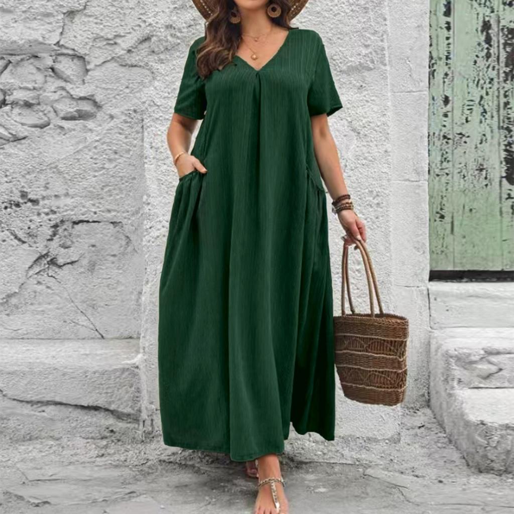 Women's V Neck Short Sleeve Textured Wrinkle Effect Loose Fit Dress with Pockets Casual Comfortable Midi Length