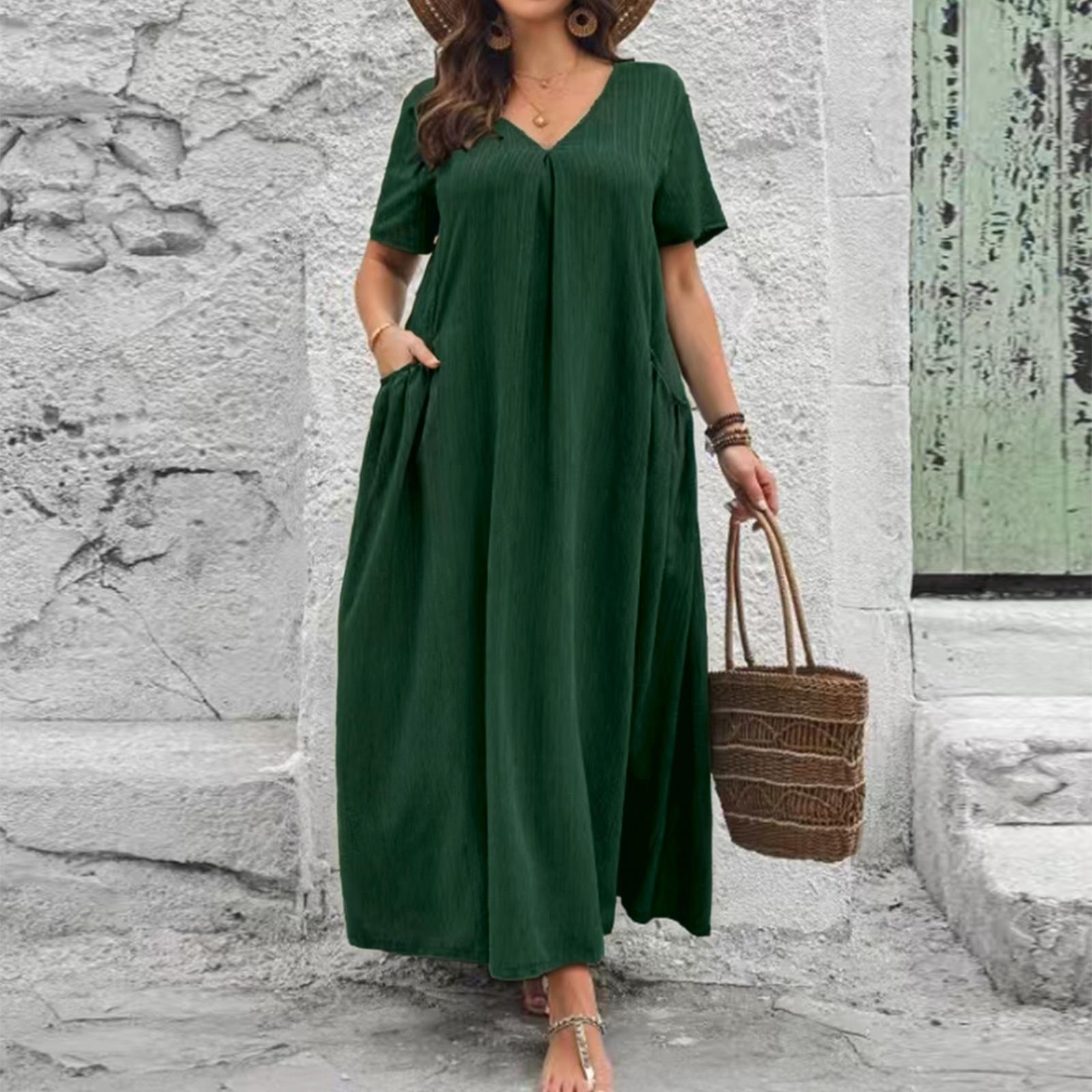 

Women s V Neck Short Sleeve Textured Wrinkle Effect Loose Fit Dress with Pockets Casual Comfortable Midi Length XXXL