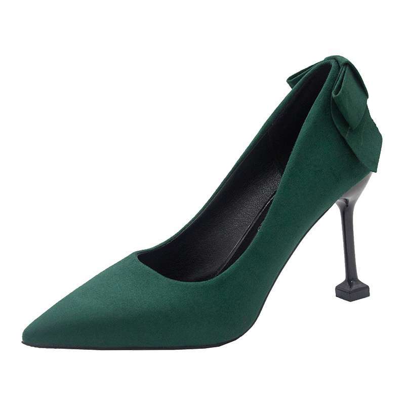 Red suede wedding shoes women's heel bow high heels fairy style with Xiuhe bridal shoes green shoes