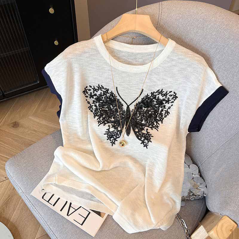 

Футболка с коротким рукавом Летняя Круглый вырез Свободная Большого размера Хлопок Принт бабочки Тонкие топы XXXL белый