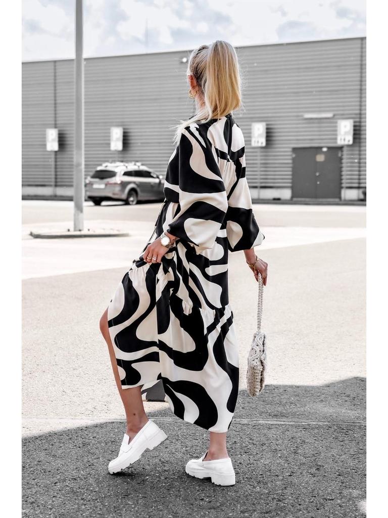 2025 European & American Spring/Autumn Fashion Print Long Shirt Dress with Tie-Up and Pockets