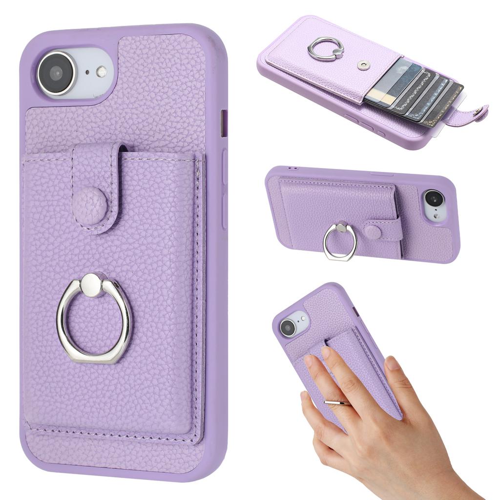 For iPhone 16e Case with Ring Kickstand Drawing Type Card Slots Leather Back Cover