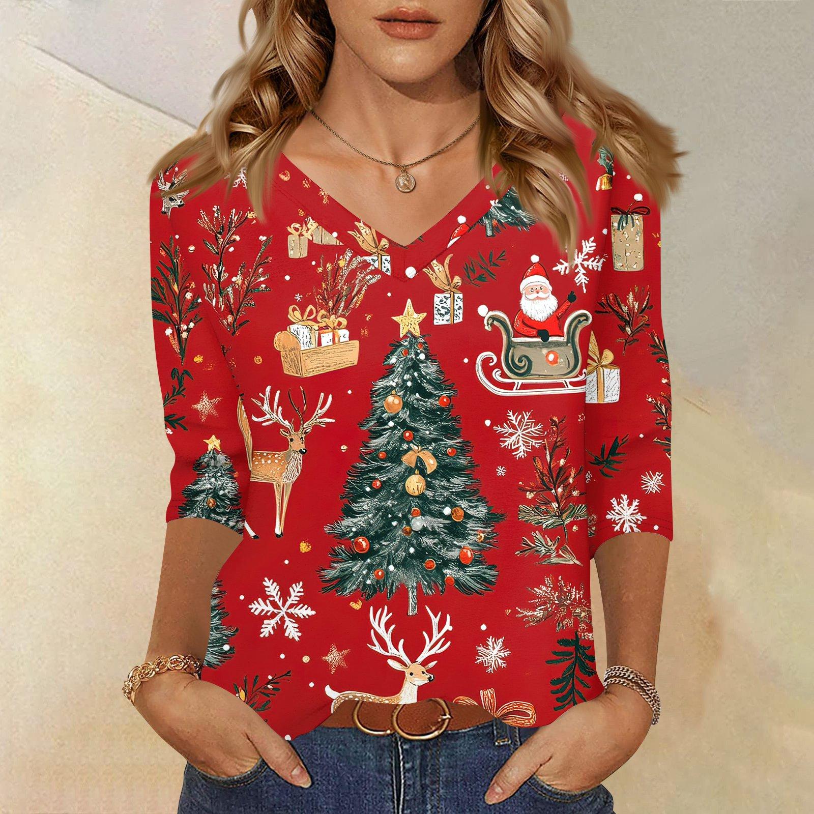 

Женская футболка с рождественским принтом, рукав 3/4, повседневная, для выходных, модная, базовая, с V-образным вырезом, обычный топ L