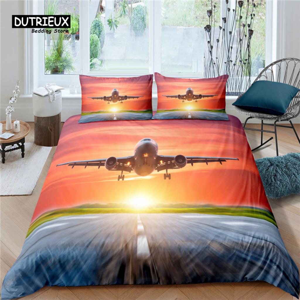 Home Living Luxus Flugzeug Landebahn Druck 2/3-teilig Weicher Bettbezug Kissenbezug Queen- und King-Size Kinderbettwäsche-Set EU/US/AU-Größe