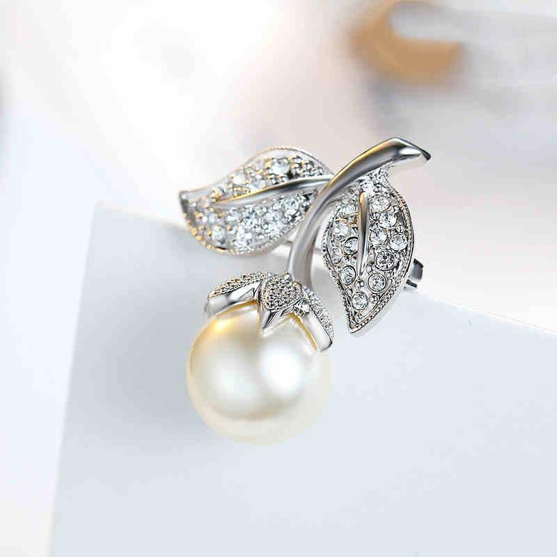 Винтажная брошь с искусственным жемчугом в виде листьев, женская элегантная булавка с растением, корсаж, ювелирный подарок серебряный