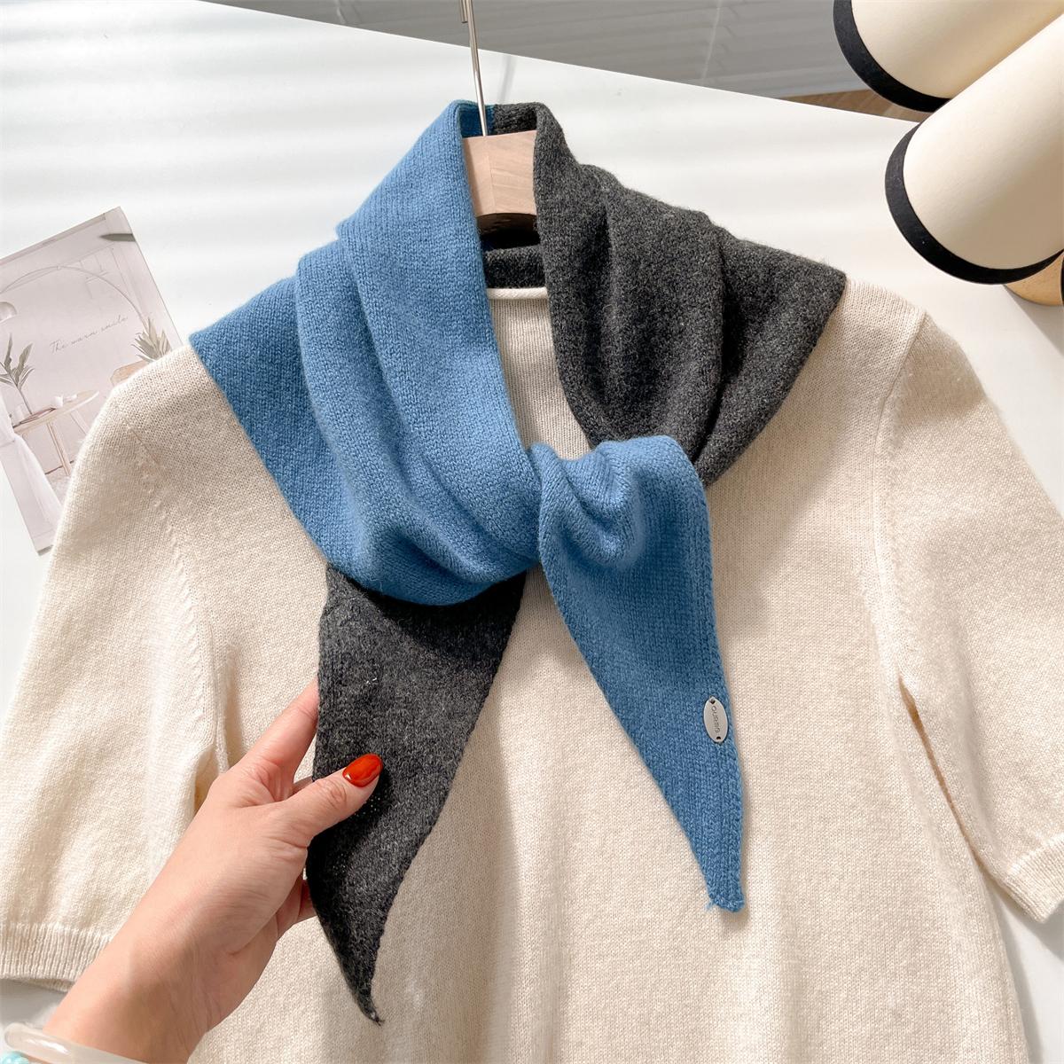 

100% Wool Knitted Triangular Scarf Women Two Tone Winter Warm Headscarf Shawls Neckerchief Kerchief Hijab Pashmina 40x115cm
