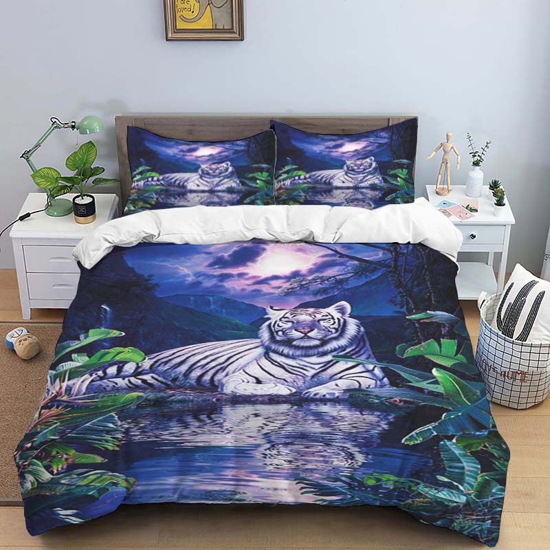 Blue Light Jungle White Tiger Animal Print Bedding Set (3-Piece) - Domineering White Tiger Pattern Duvet Cover and Pillowcase Se