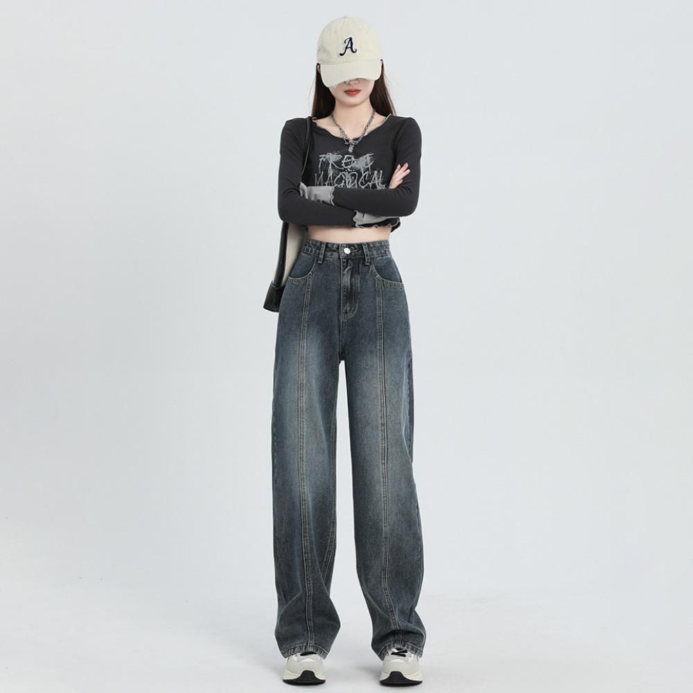 High Street ins Straight Jeans Damen Herbst und Winter Neue Skinny High Waist Lockeres Design Weitbeinjeans