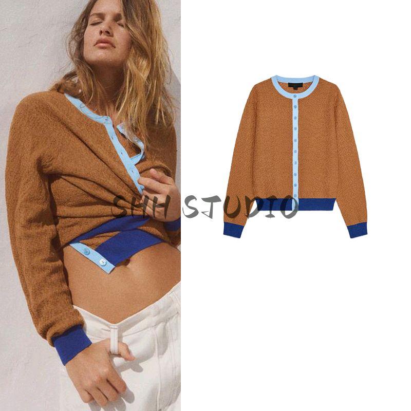 Spring New Women clothes Idle Style Color Matching Cardigan Fashion round Neck Long sleeve Knitted Outerwear 9598082