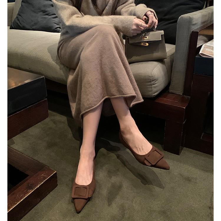 Schafsleder-Version~ Französische quadratische Schnalle Leder weiche Sohle Mary Jane Einzelschuhe Damen schöne kleine Absätze flache spitze Schuhe Damenschuhe