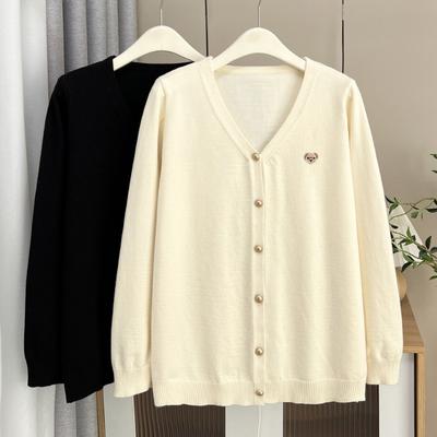 Plus Size Women V Neck Embroidered Cartoon Long Sleeve Knit Cardigan Top
