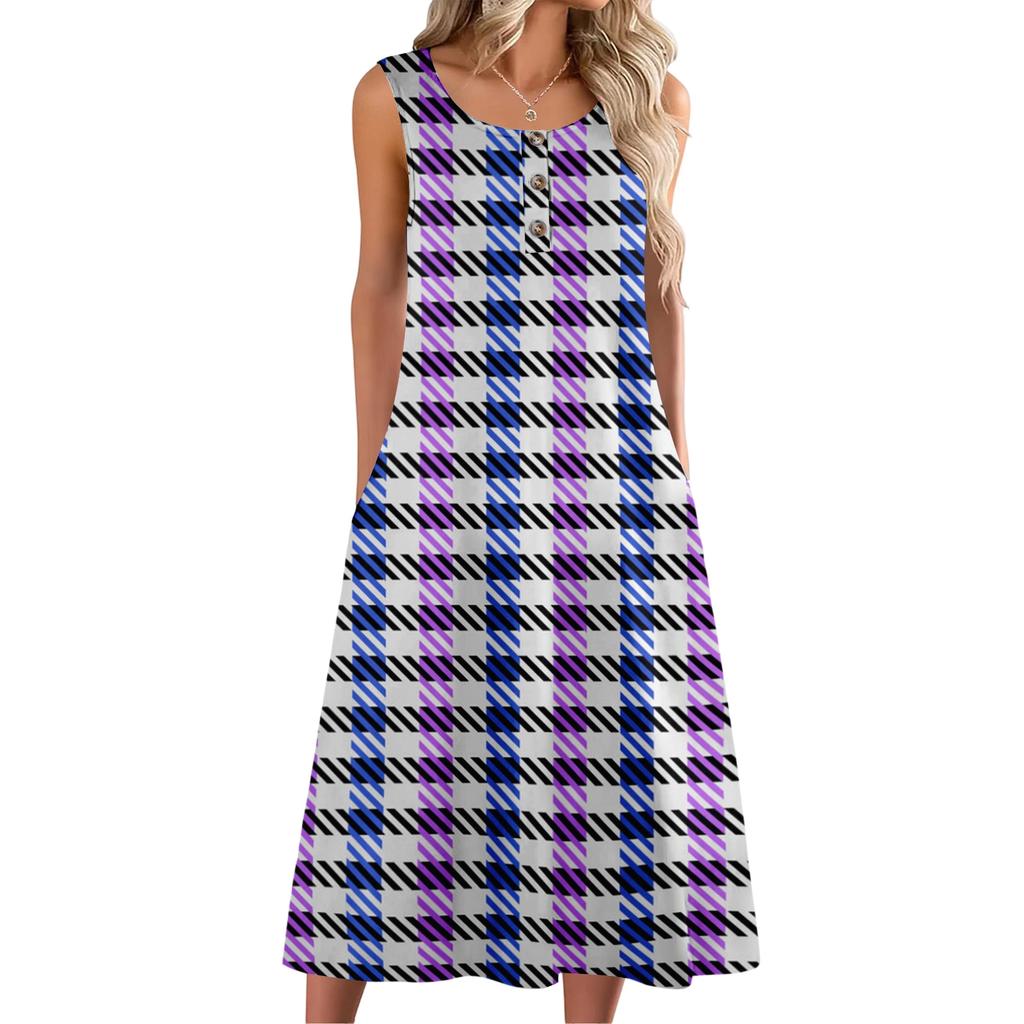 Women's Fashion Casual Sleeveless Button Plaid Print Dress with Pocket