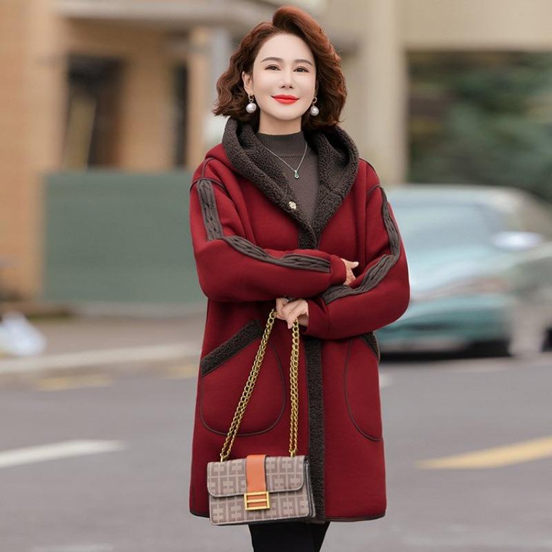 Autumn and Winter Hooded Loose Coat Women's Lamb Wool Double-sided Wear Medium and Long Cotton Coat