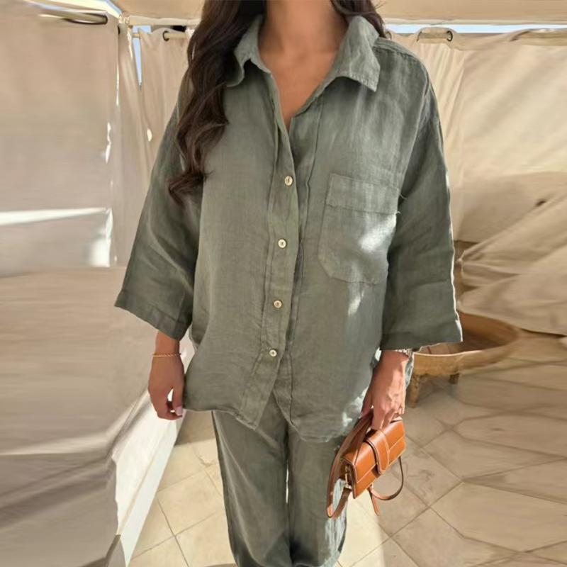 

Винтажная однотонная рубашка, брюки, костюм, женская однобортная рубашка с длинным рукавом, широкие брюки, летний женский комплект XL зелёный