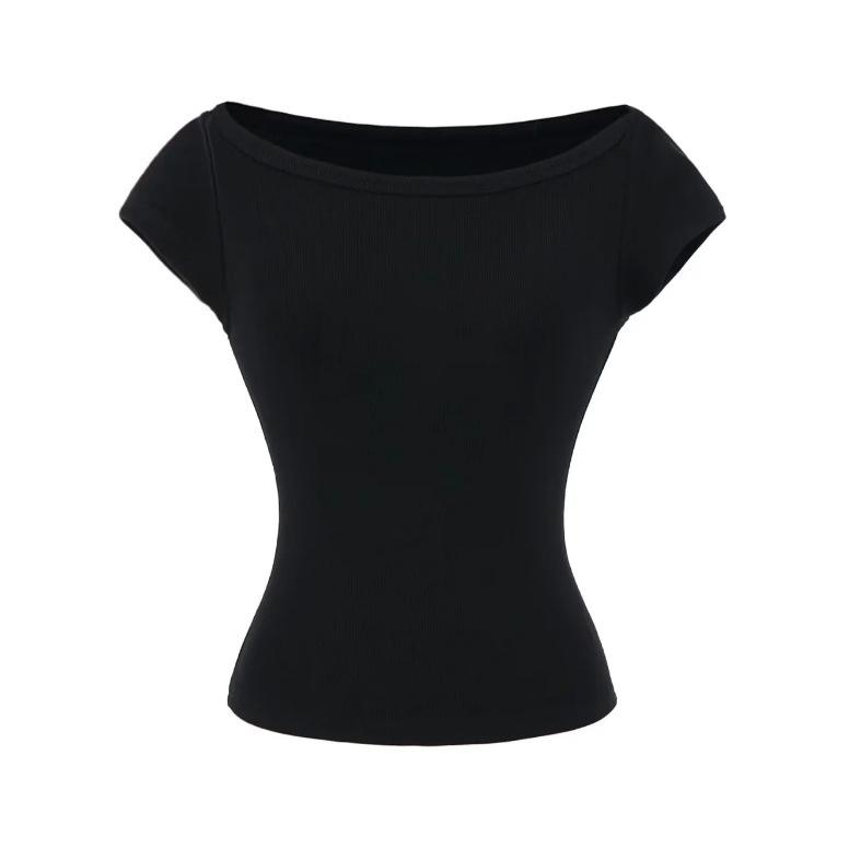 Boat collar short-sleeved T-shirt summer new female American Spice Girl style solid color slim-fitting and thin short bottomed shirt top