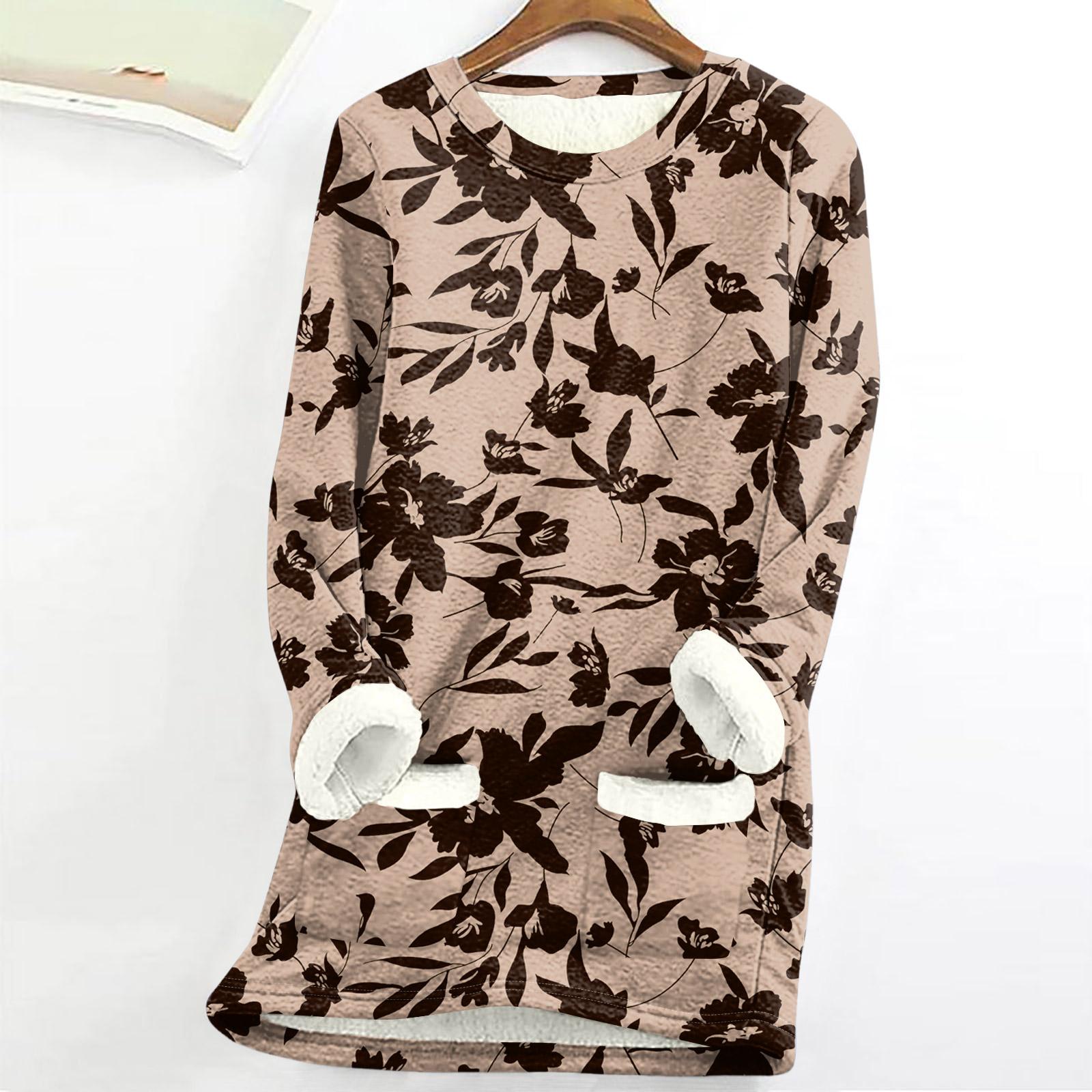 Женский топ с круглым вырезом и принтом из утолщенного плюша и кашемира, теплый длинный топ L