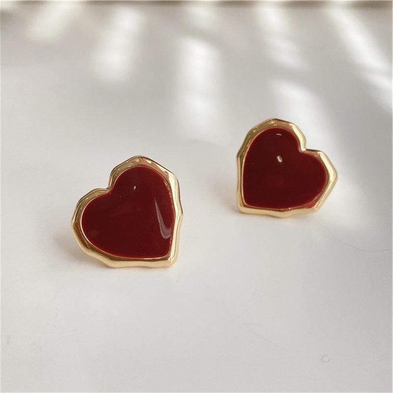 Big Peach Red Heart Stud Earrings for Women Korean Simple Fashion Enamel Cute Geometry Zircon Accessories Gift